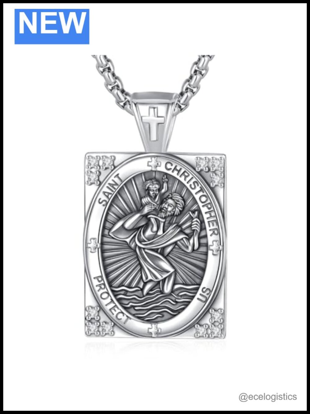 St Christopher Medal Necklace Silver Plated Box Chain Adjustable 20-22 Inch